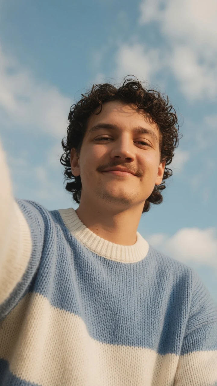 Cayden Lasher outdoors beneath a cloudy sky, wearing a blue and cream sweater